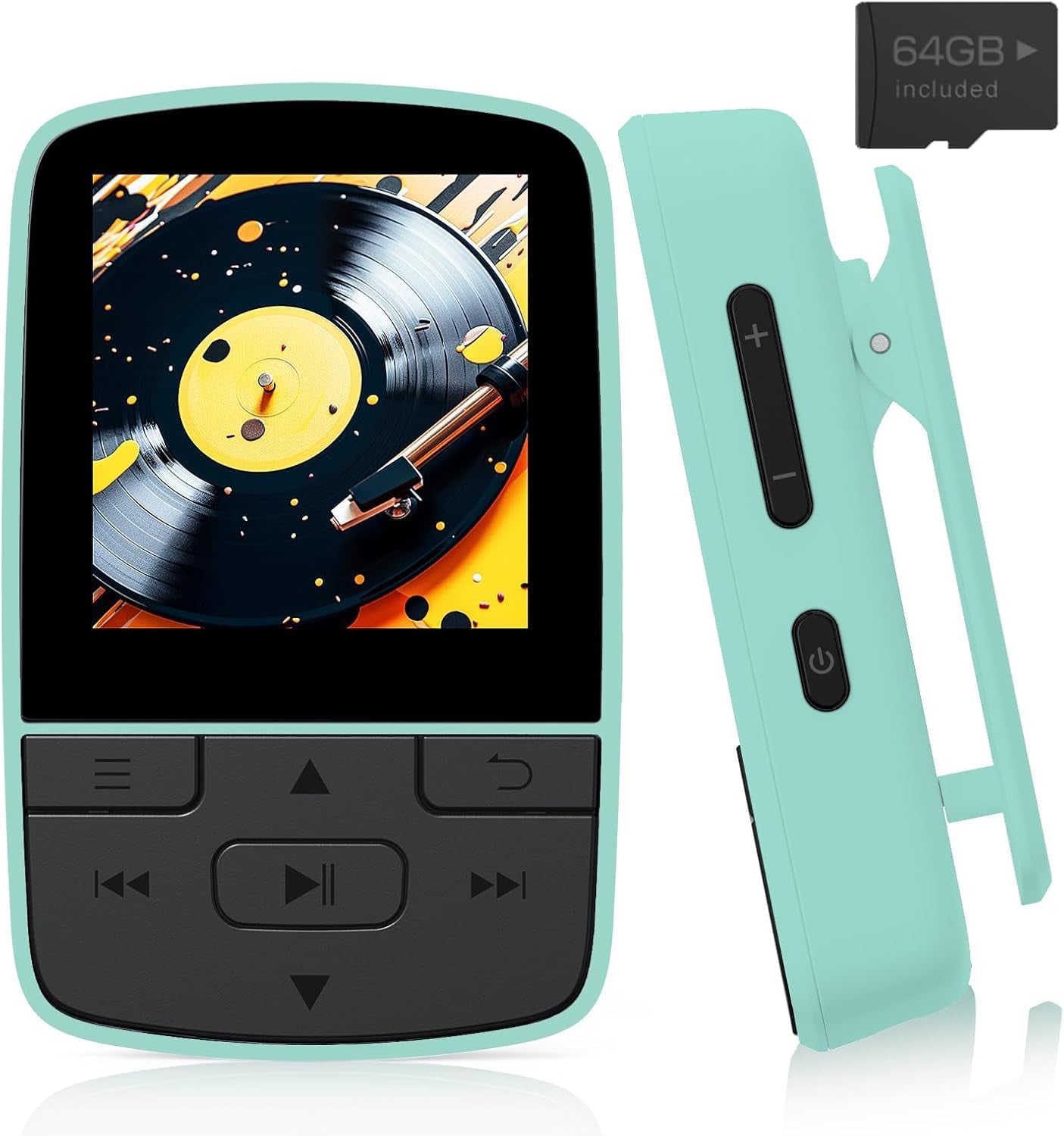 By Cocobear MP3 Player 64GB BT 5.2 w/ Sports Clip, FM Radio, Vol Button & Earphones for Kids , Green