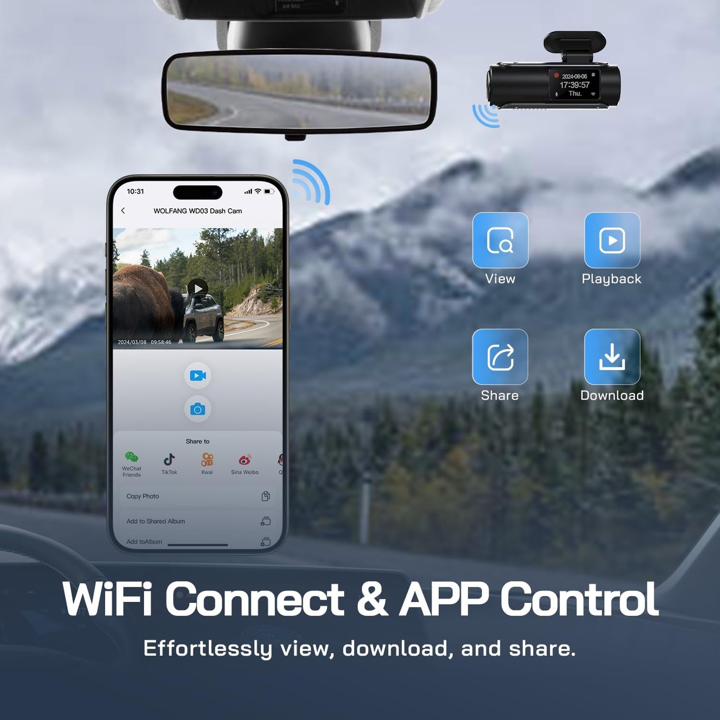 4K Dash Cam Front and Rear WiFi Dashcam, Dual Car Camera Dash Cam with Super Night Vision, Loop Recording, G-Sensor, 170 Wide Angle, Parking Guard, with SD Card, APP Control