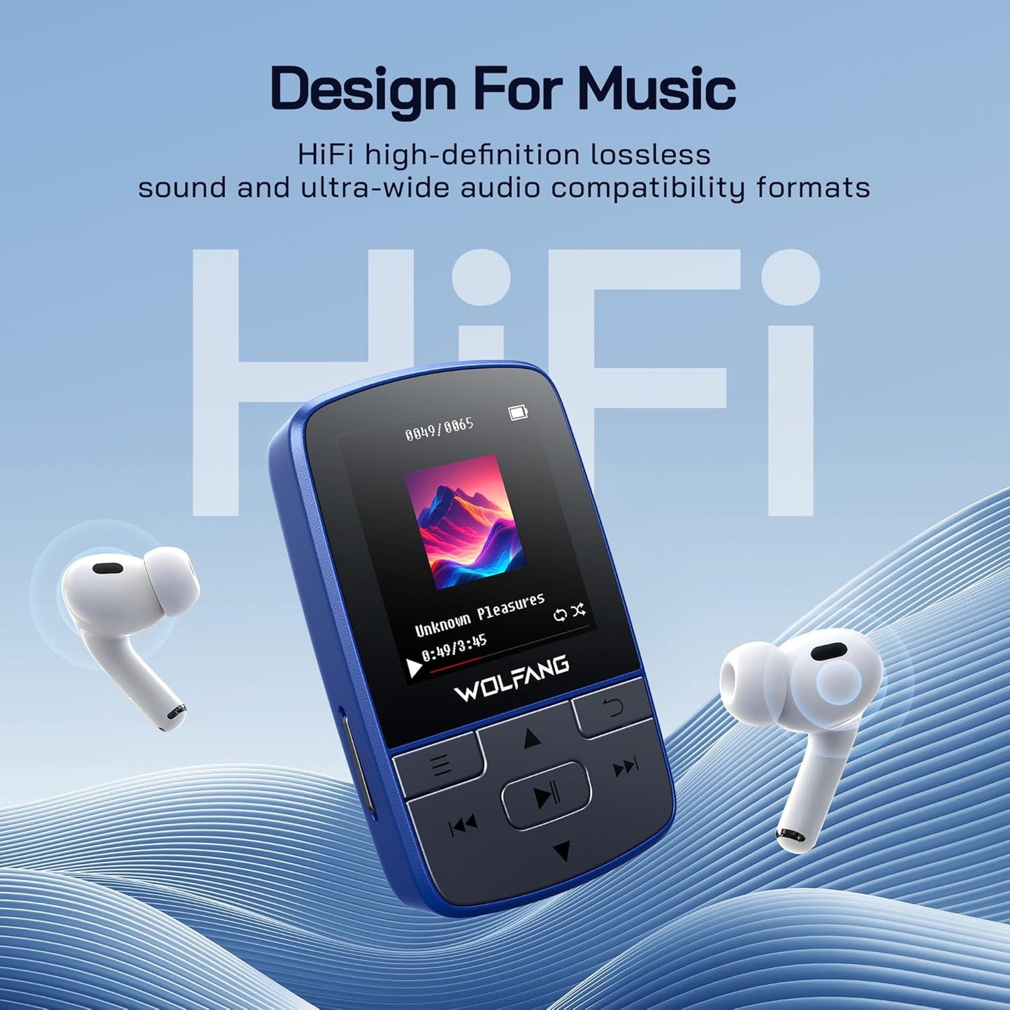 MP3 Player Bluetooth, 64GB HiFi Sound, Built-in Speaker, FM/Recorder/E-Book, Earphones, Blue