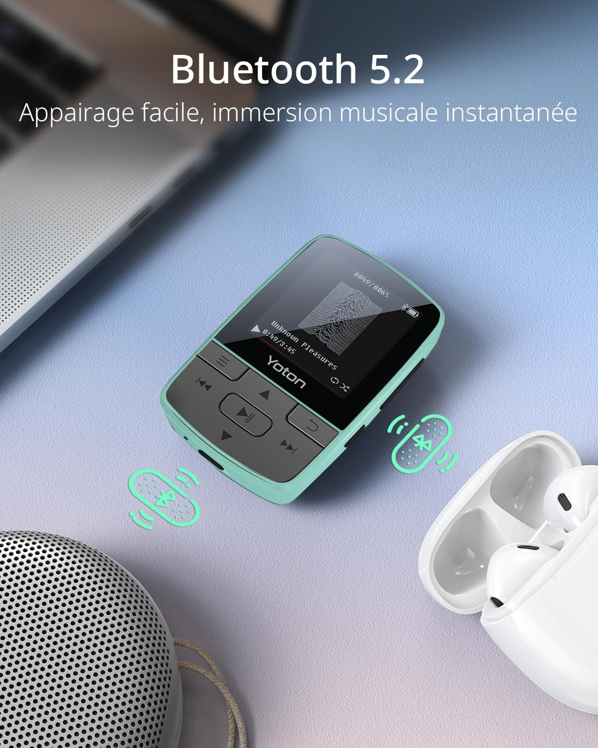 By Cocobear MP3 Player 64GB BT 5.2 w/ Sports Clip, FM Radio, Vol Button & Earphones for Kids , Green