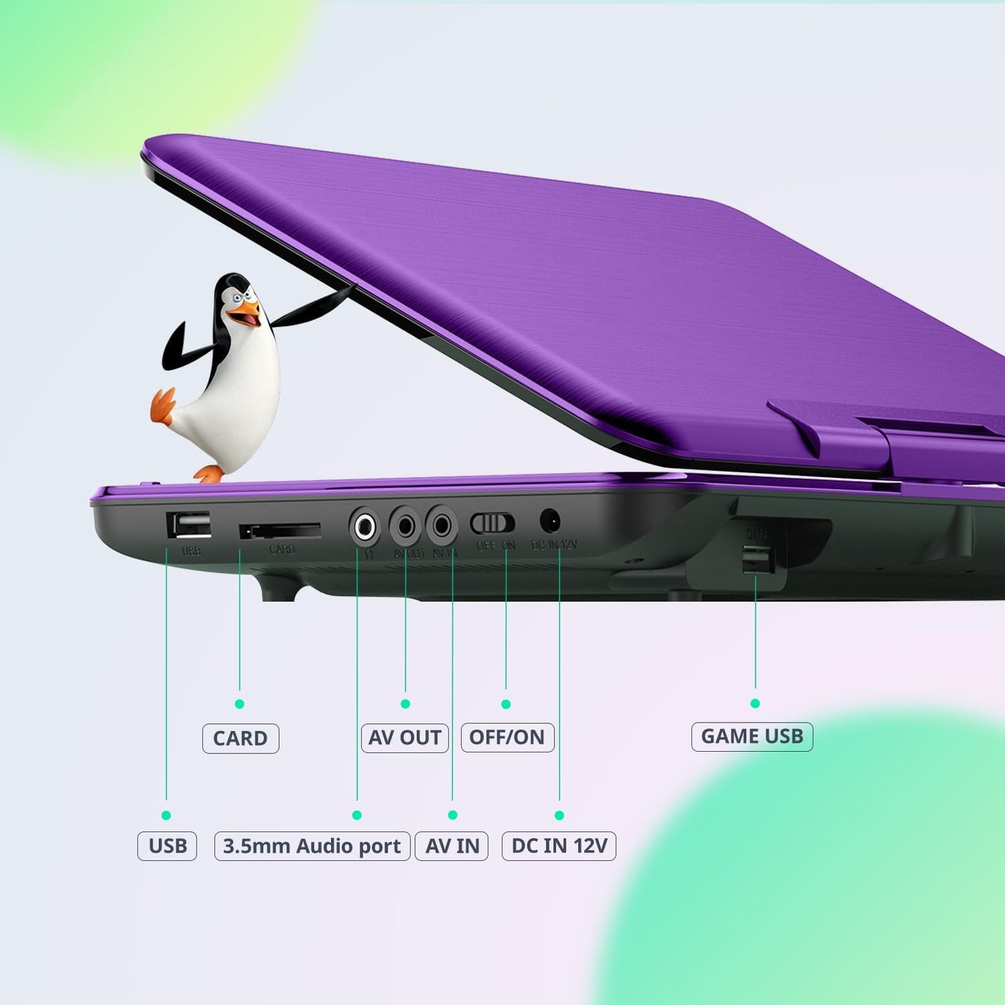 Cocobear 10.5" Portable DVD Player HD Swivel Screen for Car and Kids, Car Charger AC Adaptor, 1080p, Purple