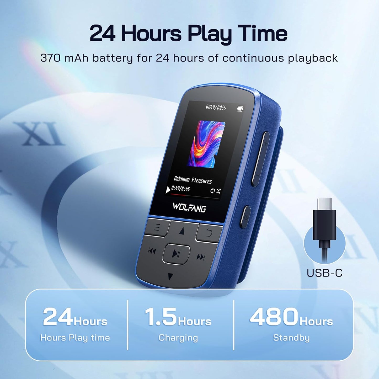 MP3 Player Bluetooth, 64GB HiFi Sound, Built-in Speaker, FM/Recorder/E-Book, Earphones, Blue