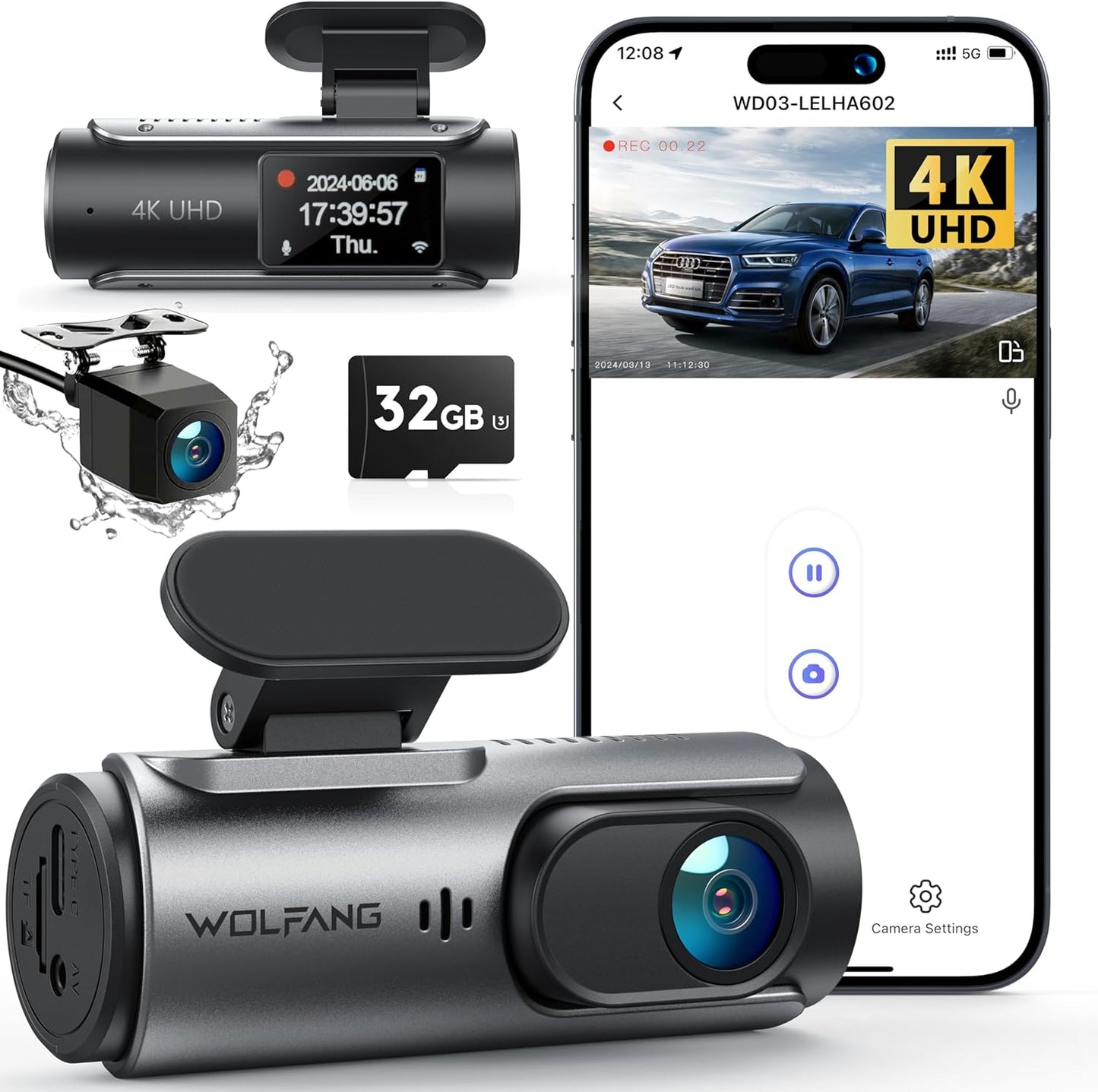4K Dash Cam Front and Rear WiFi Dashcam, Dual Car Camera Dash Cam with Super Night Vision, Loop Recording, G-Sensor, 170 Wide Angle, Parking Guard, with SD Card, APP Control