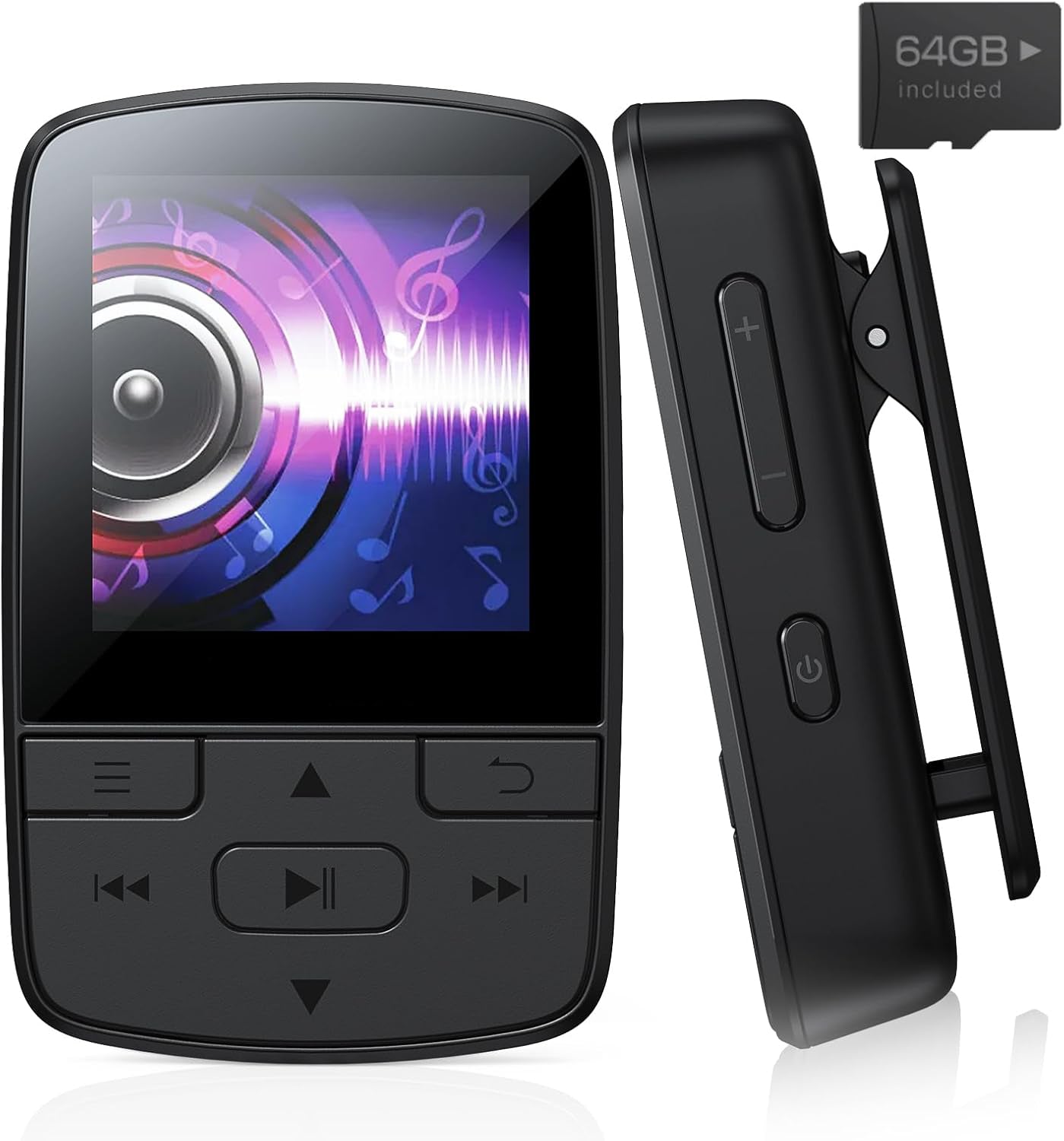 MP3 Player Bluetooth, 64GB HiFi Sound, Built-in Speaker, FM/Recorder/E-Book, Earphones
