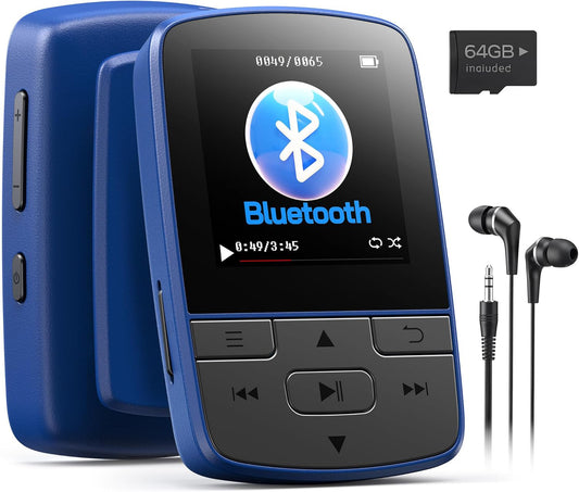 MP3 Player Bluetooth, 64GB HiFi Sound, Built-in Speaker, FM/Recorder/E-Book, Earphones, Blue