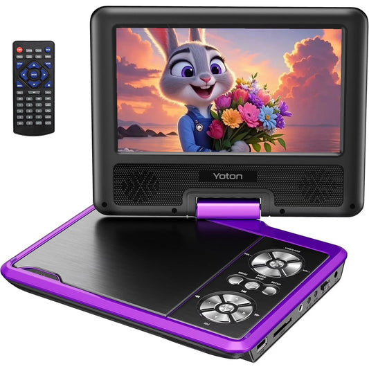 Portable DVD Player with 7.5" HD Swivel Screen for Car and Kids, with Car Charger and AC Adaptor, 1080p, Purple