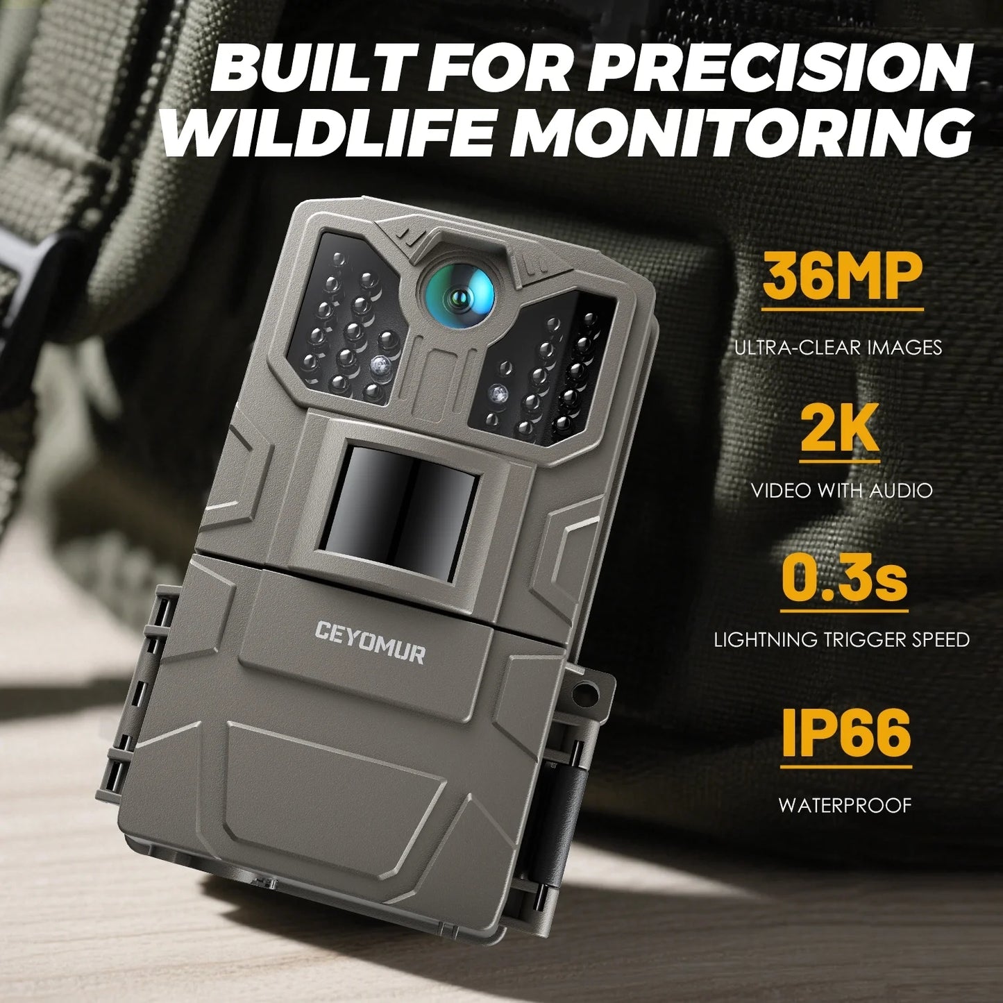 Cocobear Trail Camera 36MP 2K , 850nm IR Night Vision, Motion Detect, 2" Display, IP66 Waterproof