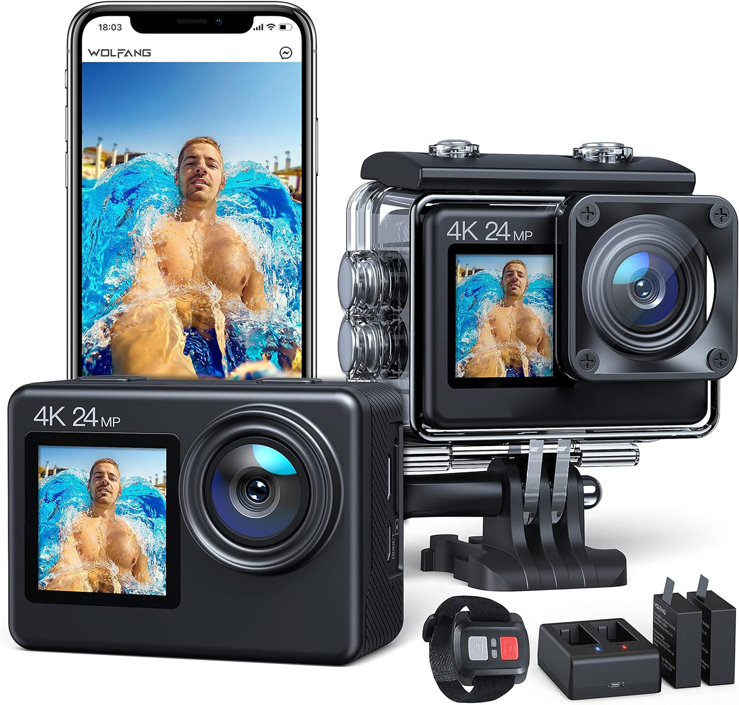 Action Camera 24MP 4K 40M Waterproof, EIS WiFi Adjustable Wide Angle