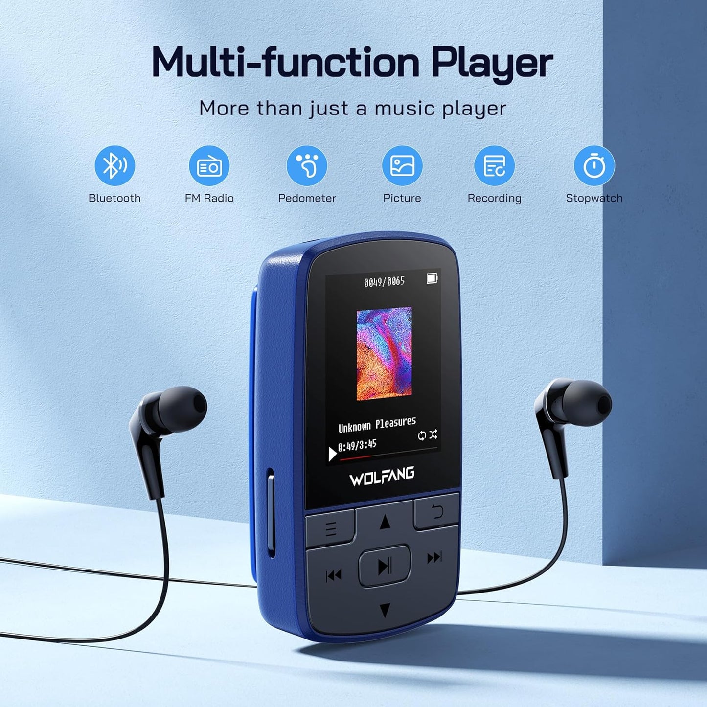 MP3 Player Bluetooth, 64GB HiFi Sound, Built-in Speaker, FM/Recorder/E-Book, Earphones, Blue