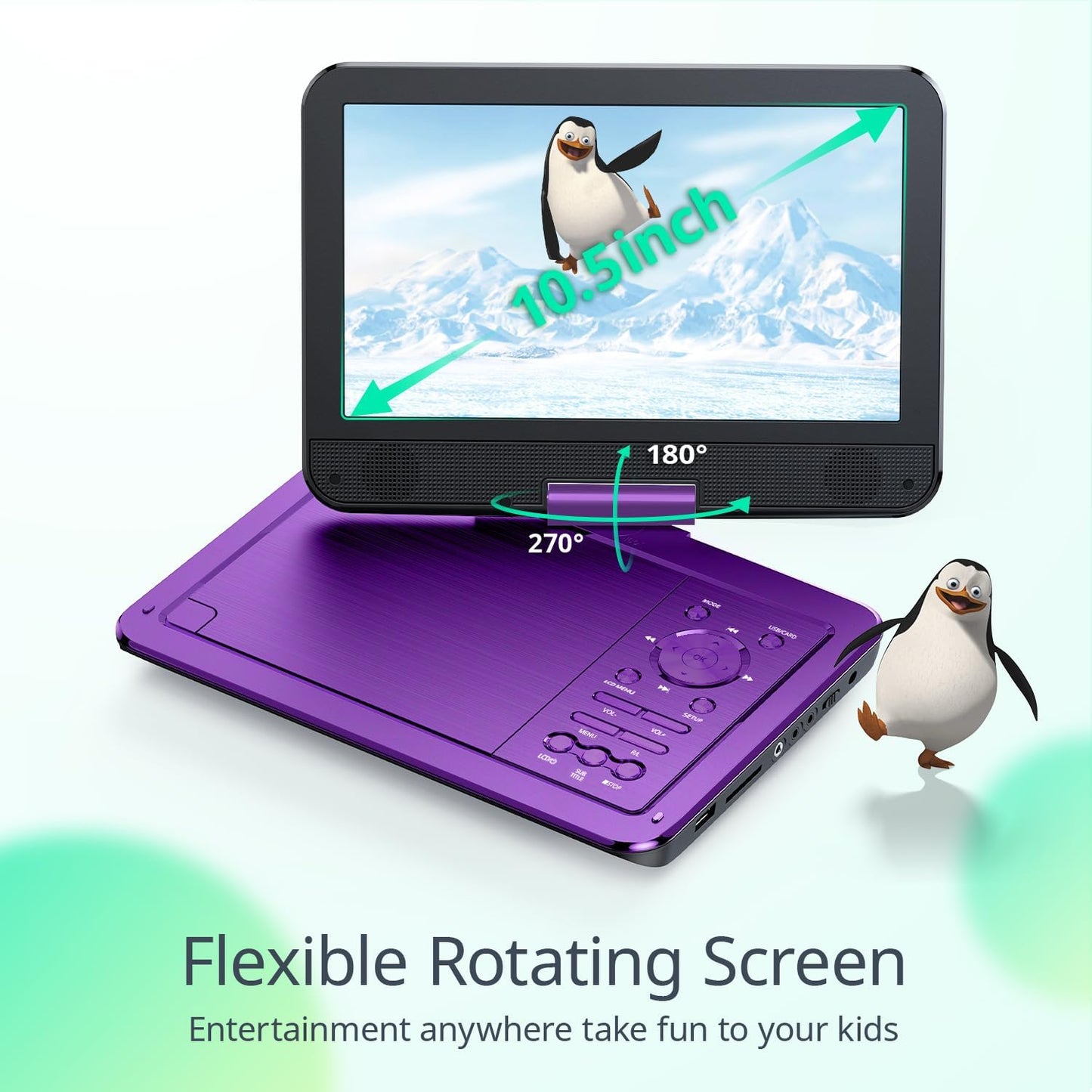 Cocobear 10.5" Portable DVD Player HD Swivel Screen for Car and Kids, Car Charger AC Adaptor, 1080p, Purple