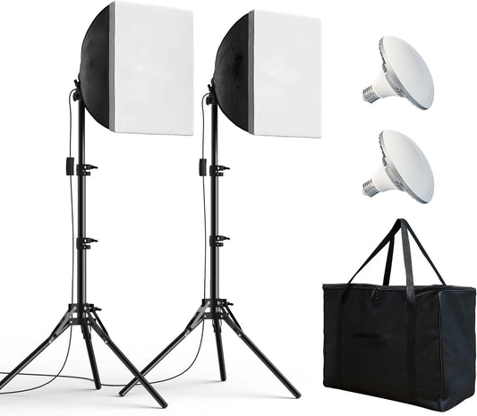 Softbox Lighting Kit 2x16"x16" w/ 50W 5500K 90CRI LED Bulbs, Continuous Light for Video & Photo