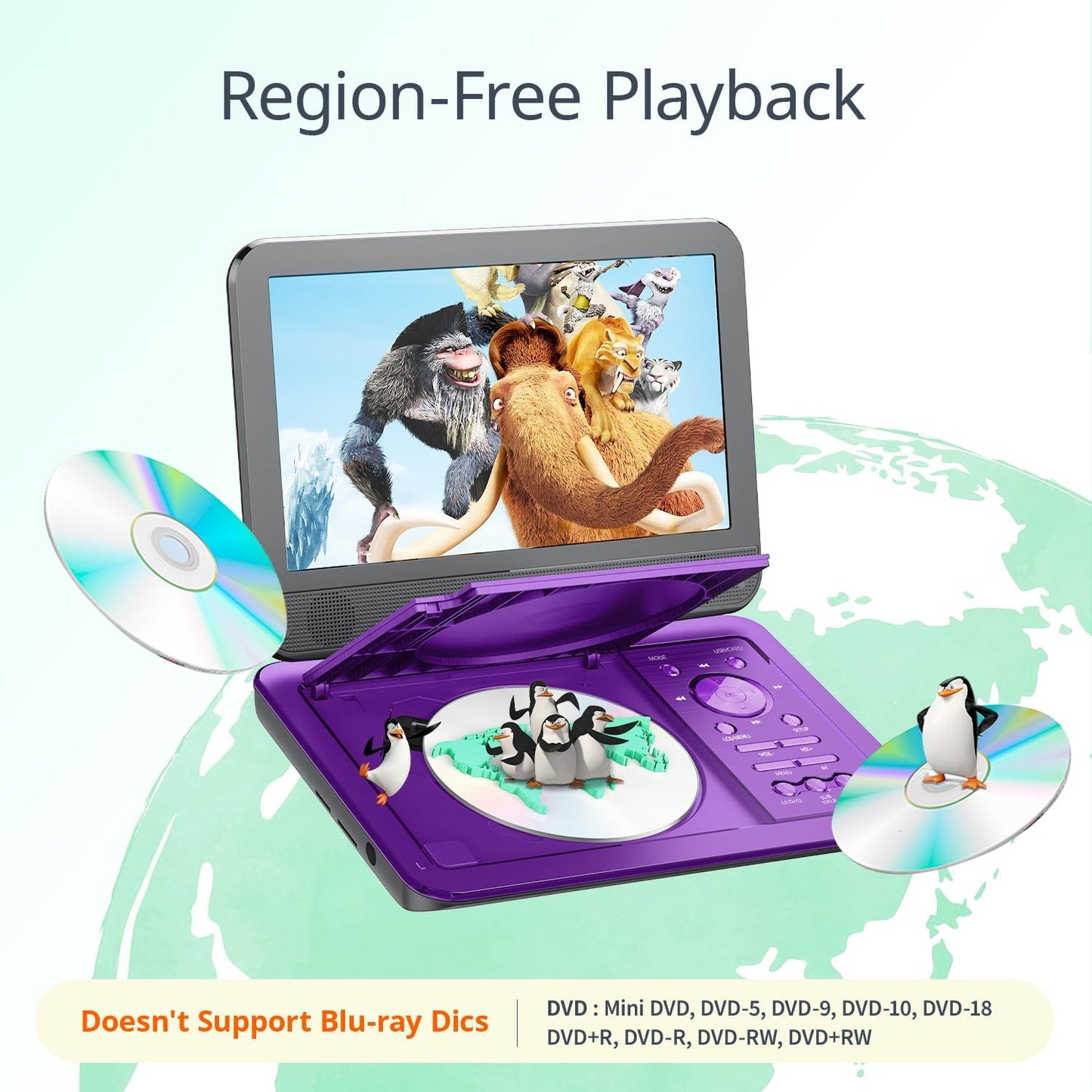Cocobear 10.5" Portable DVD Player HD Swivel Screen for Car and Kids, Car Charger AC Adaptor, 1080p, Purple