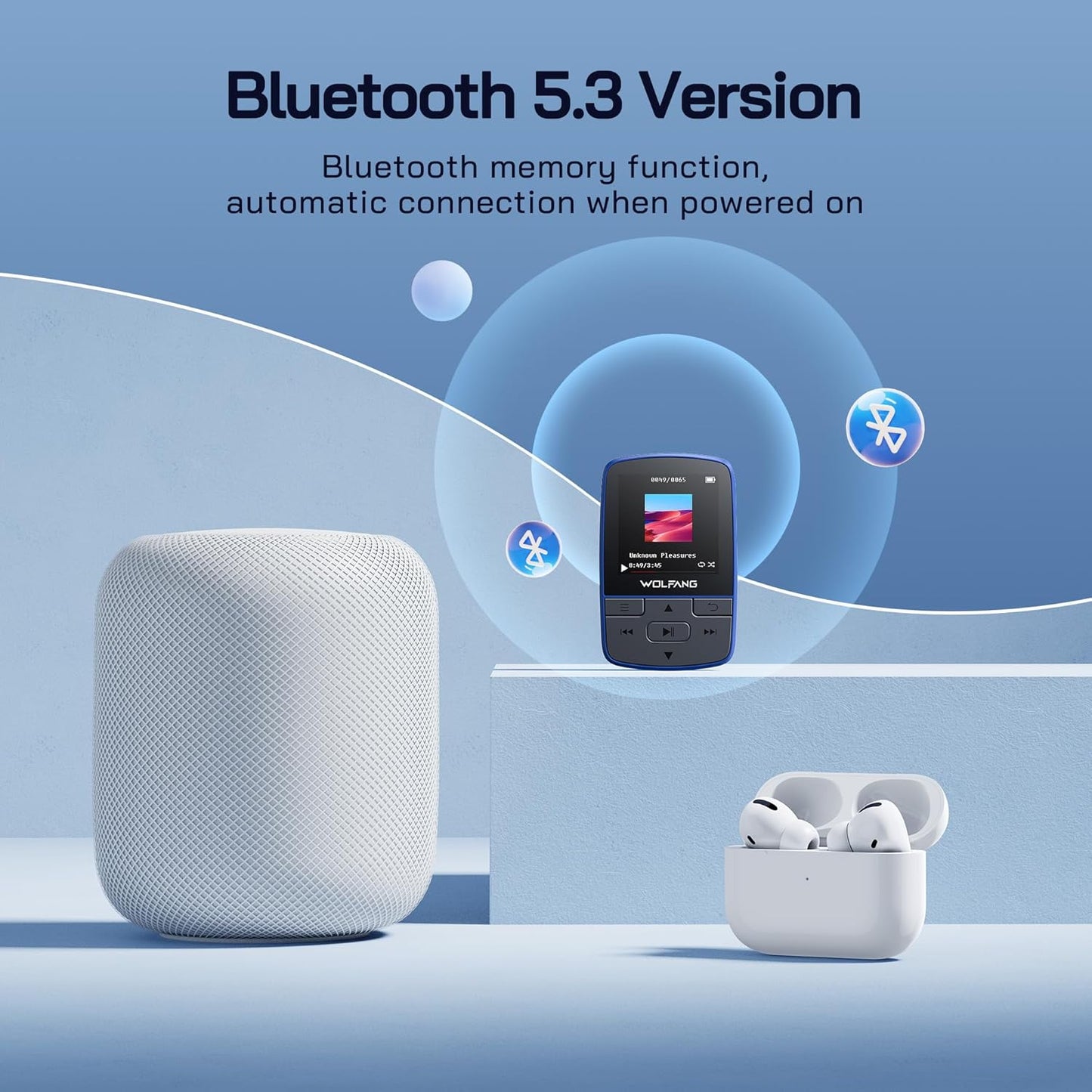 MP3 Player Bluetooth, 64GB HiFi Sound, Built-in Speaker, FM/Recorder/E-Book, Earphones, Blue