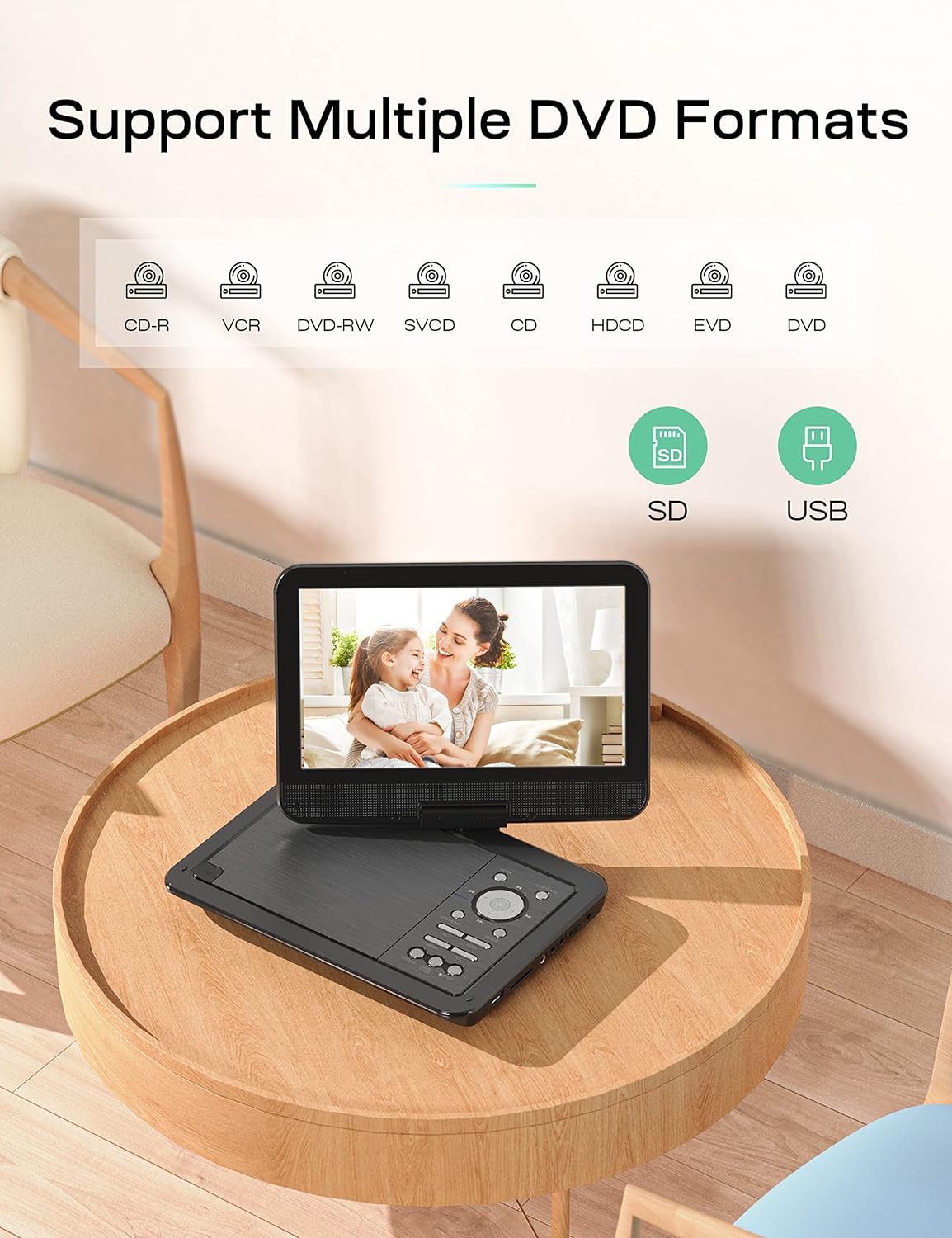 Cocobear Portable DVD Player 10.5" HD w/ Car Headrest Holder, USB, 1080P, Black