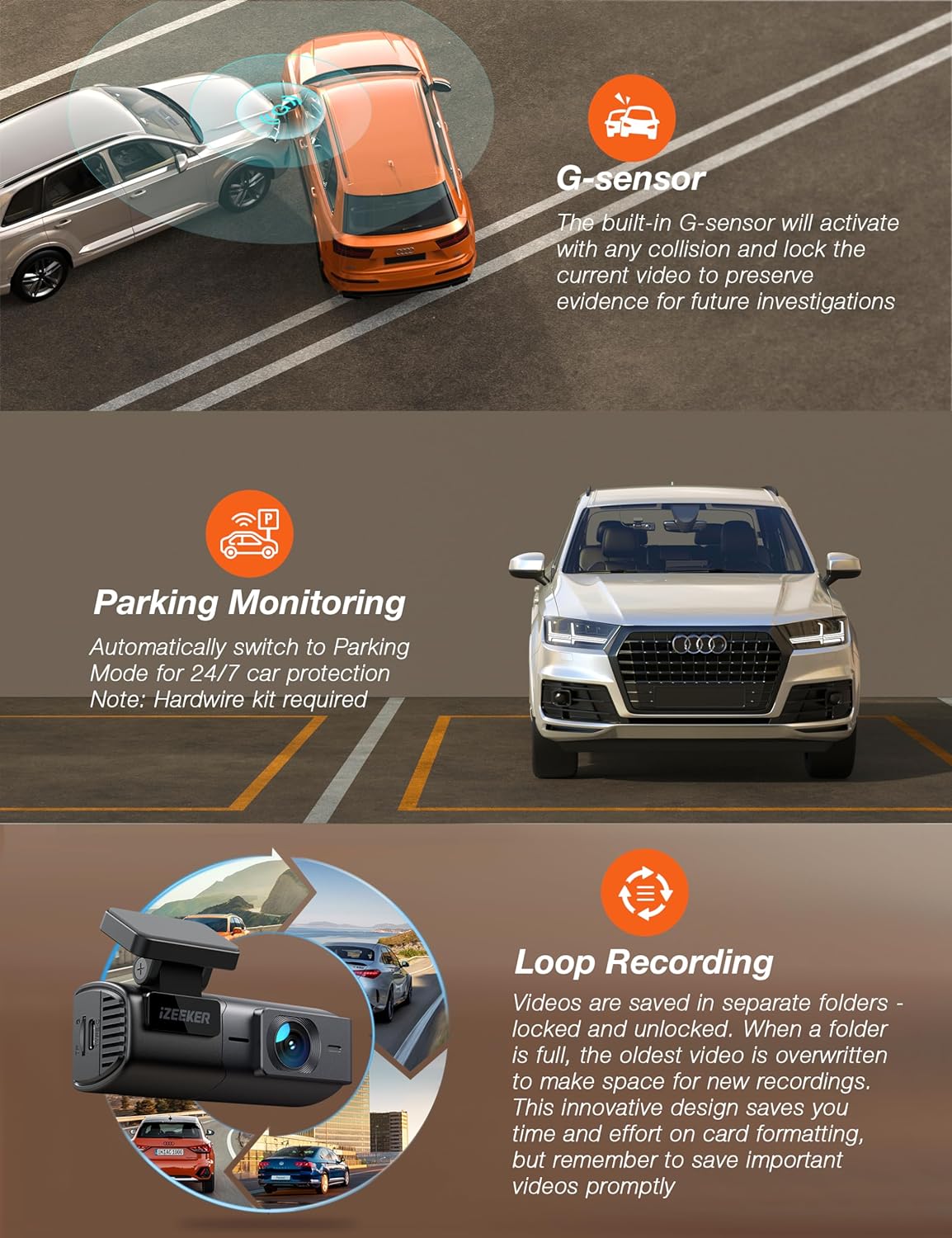 Dash Cam 1080P , DVR Car Driving Recorder, LCD Screen, 170° Wide Angle Mini Camera for Cars, Parking Monitor