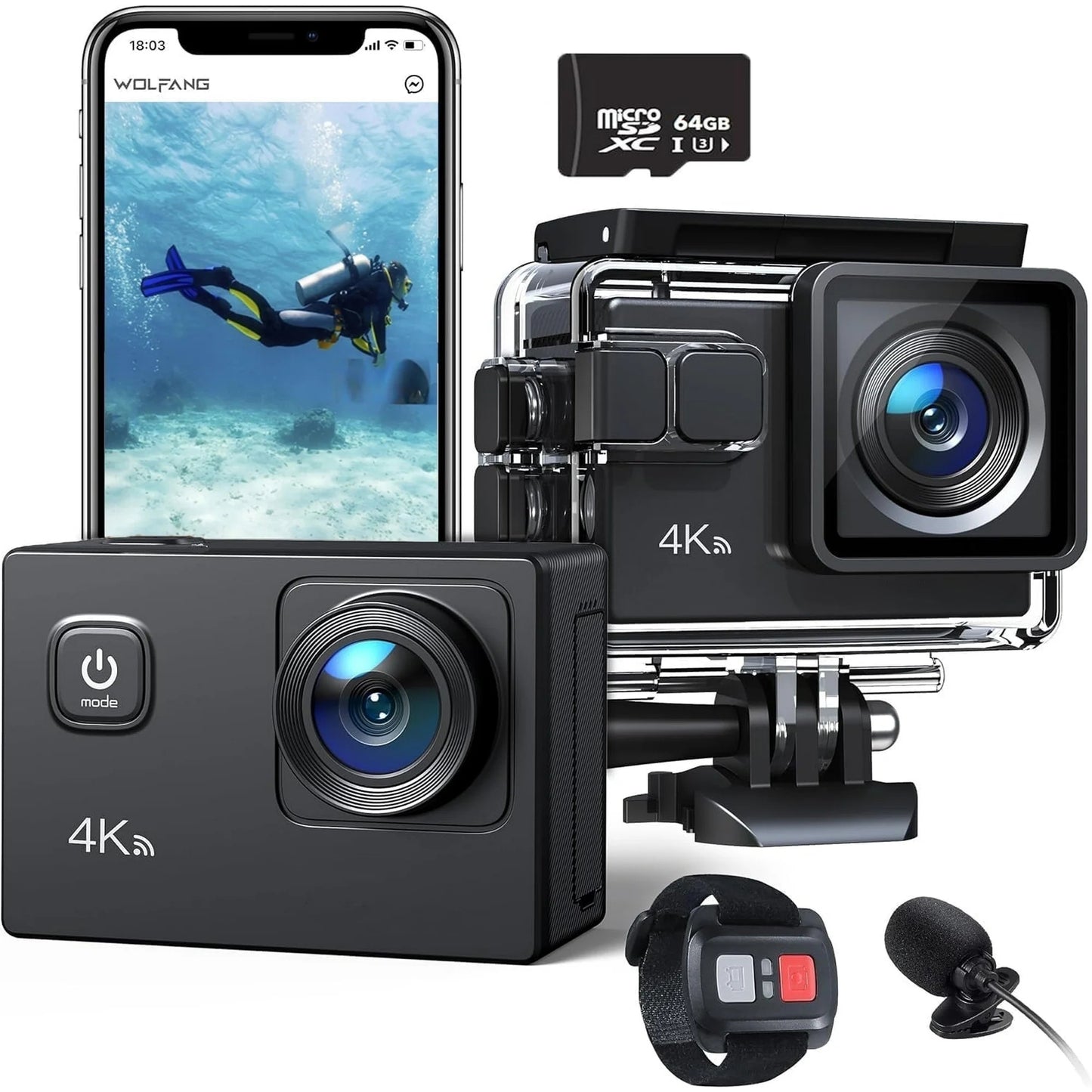 Action Camera Full HD 1080P WiFi, 2 LCD 170 Degree Angle Sports