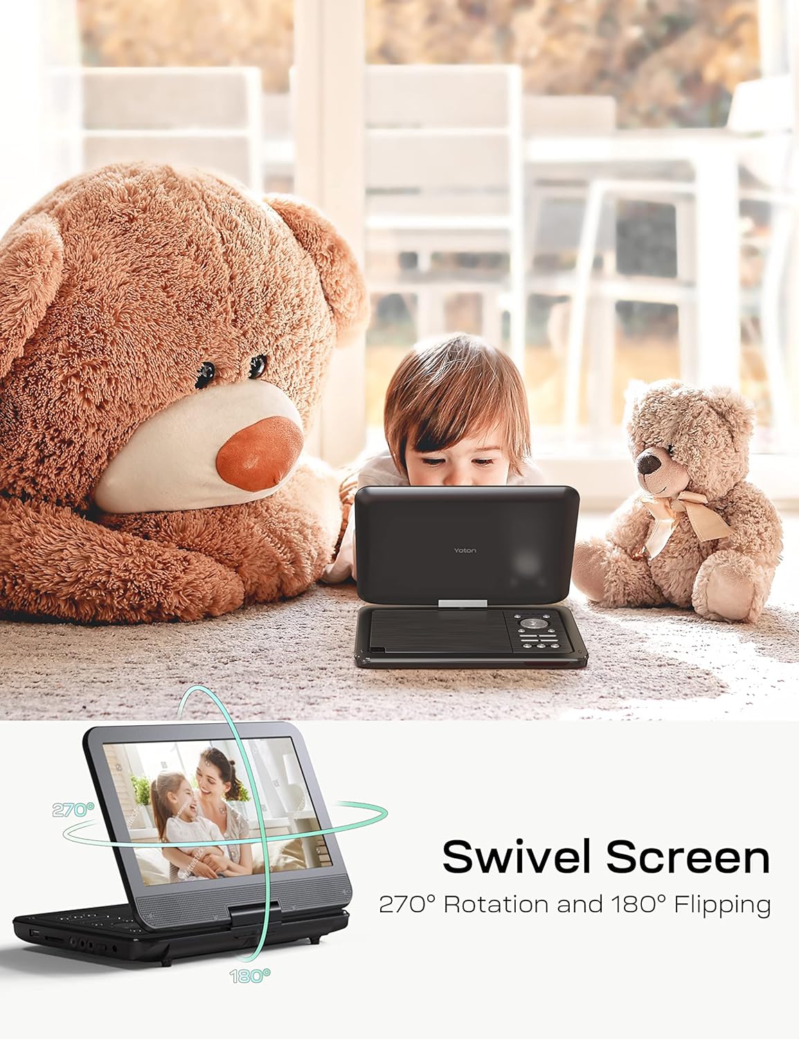 Cocobear Portable DVD Player 10.5" HD w/ Car Headrest Holder, USB, 1080P, Black