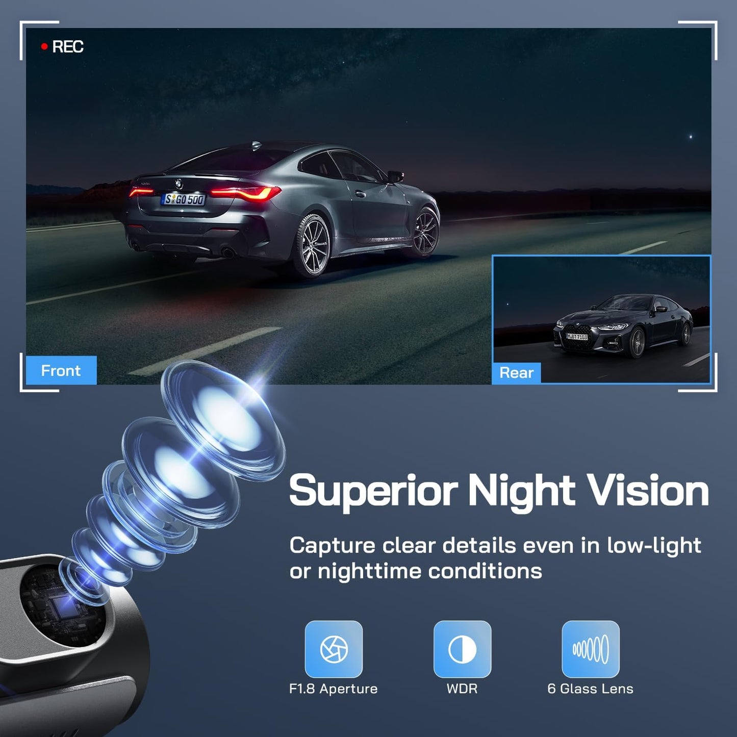 4K Dash Cam Front and Rear WiFi Dashcam, Dual Car Camera Dash Cam with Super Night Vision, Loop Recording, G-Sensor, 170 Wide Angle, Parking Guard, with SD Card, APP Control
