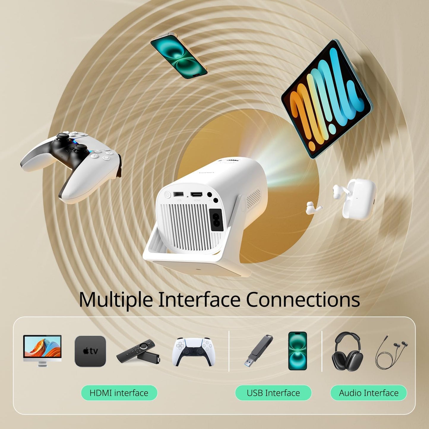 Portable Projector Bluetooth Full HD Video Projector for Home Cinema, 50% Zoom Outdoor