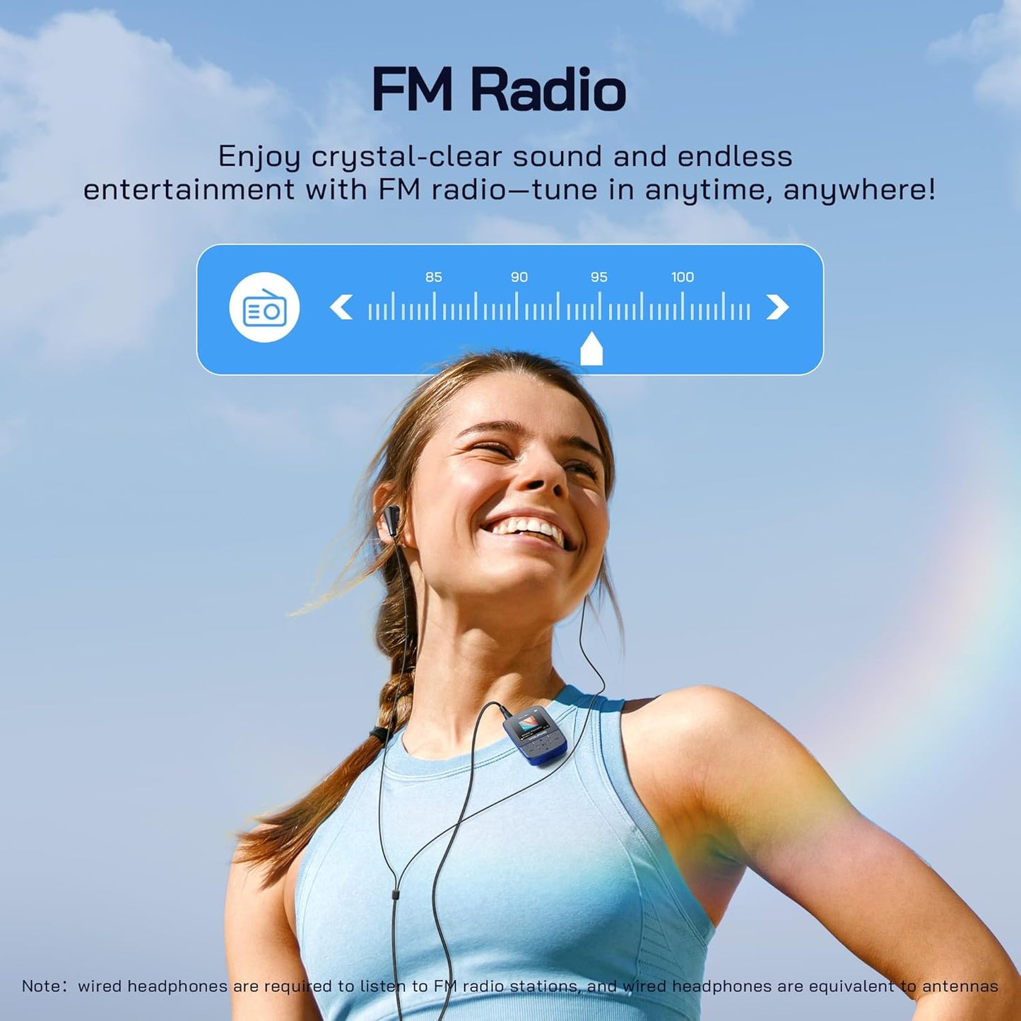 MP3 Player Bluetooth, 64GB HiFi Sound, Built-in Speaker, FM/Recorder/E-Book, Earphones, Blue