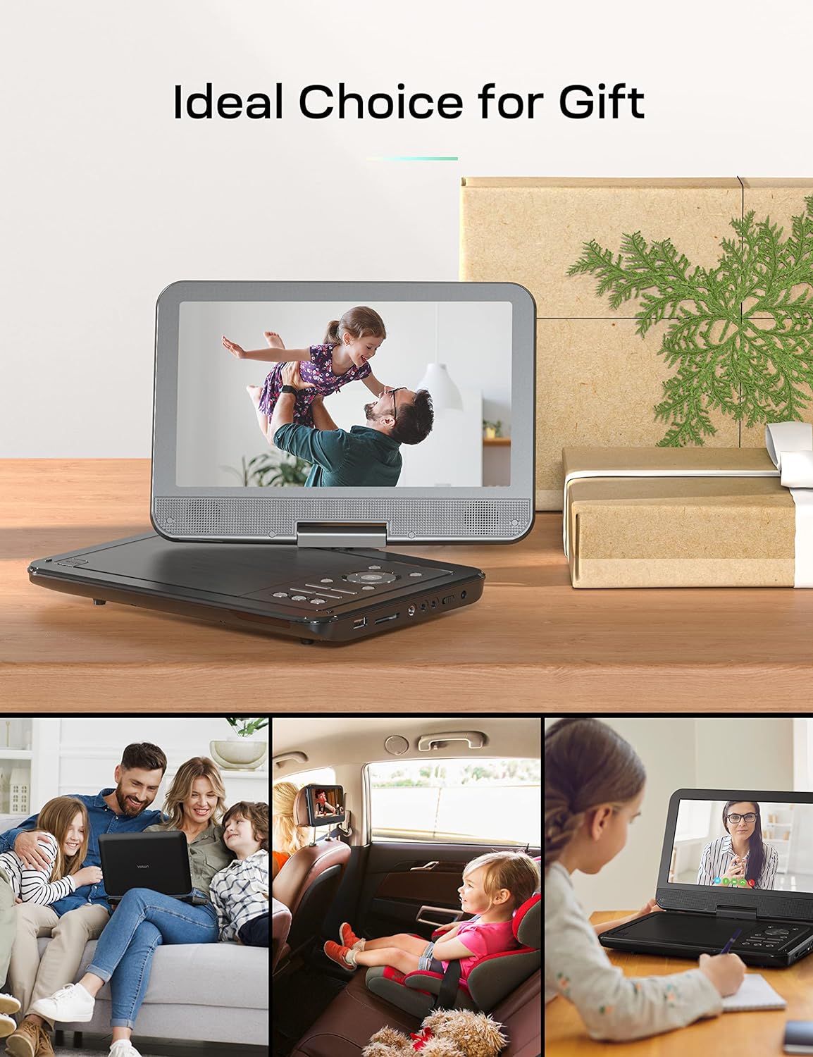 Cocobear Portable DVD Player 10.5" HD w/ Car Headrest Holder, USB, 1080P, Black