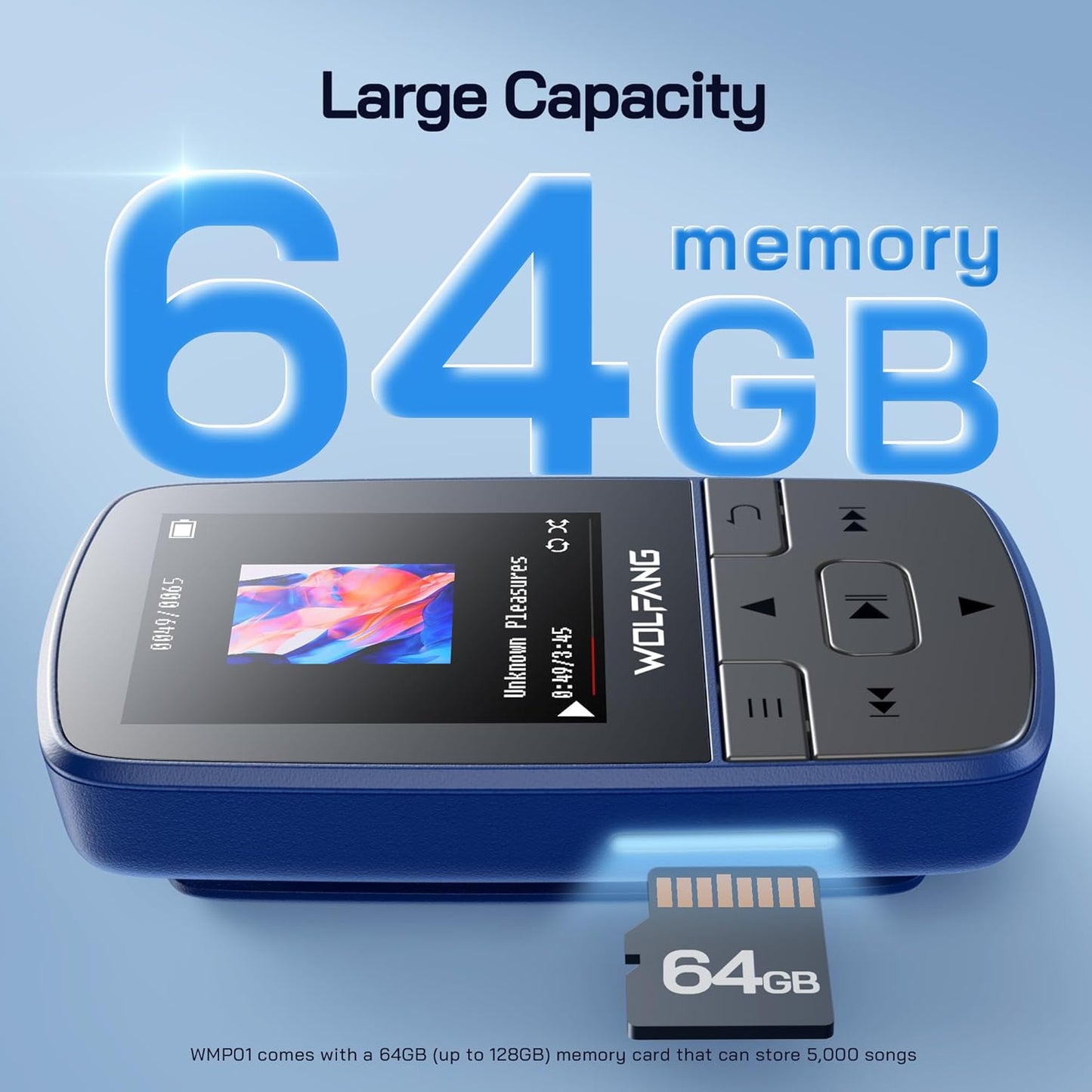 MP3 Player Bluetooth, 64GB HiFi Sound, Built-in Speaker, FM/Recorder/E-Book, Earphones, Blue
