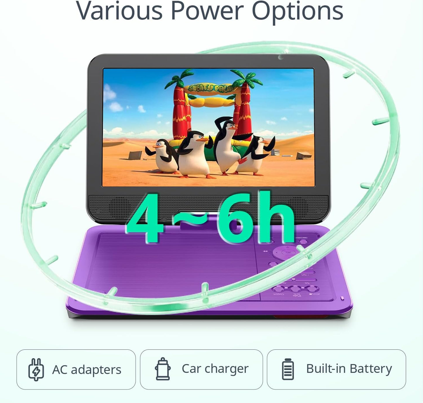 Cocobear 10.5" Portable DVD Player HD Swivel Screen for Car and Kids, Car Charger AC Adaptor, 1080p, Purple